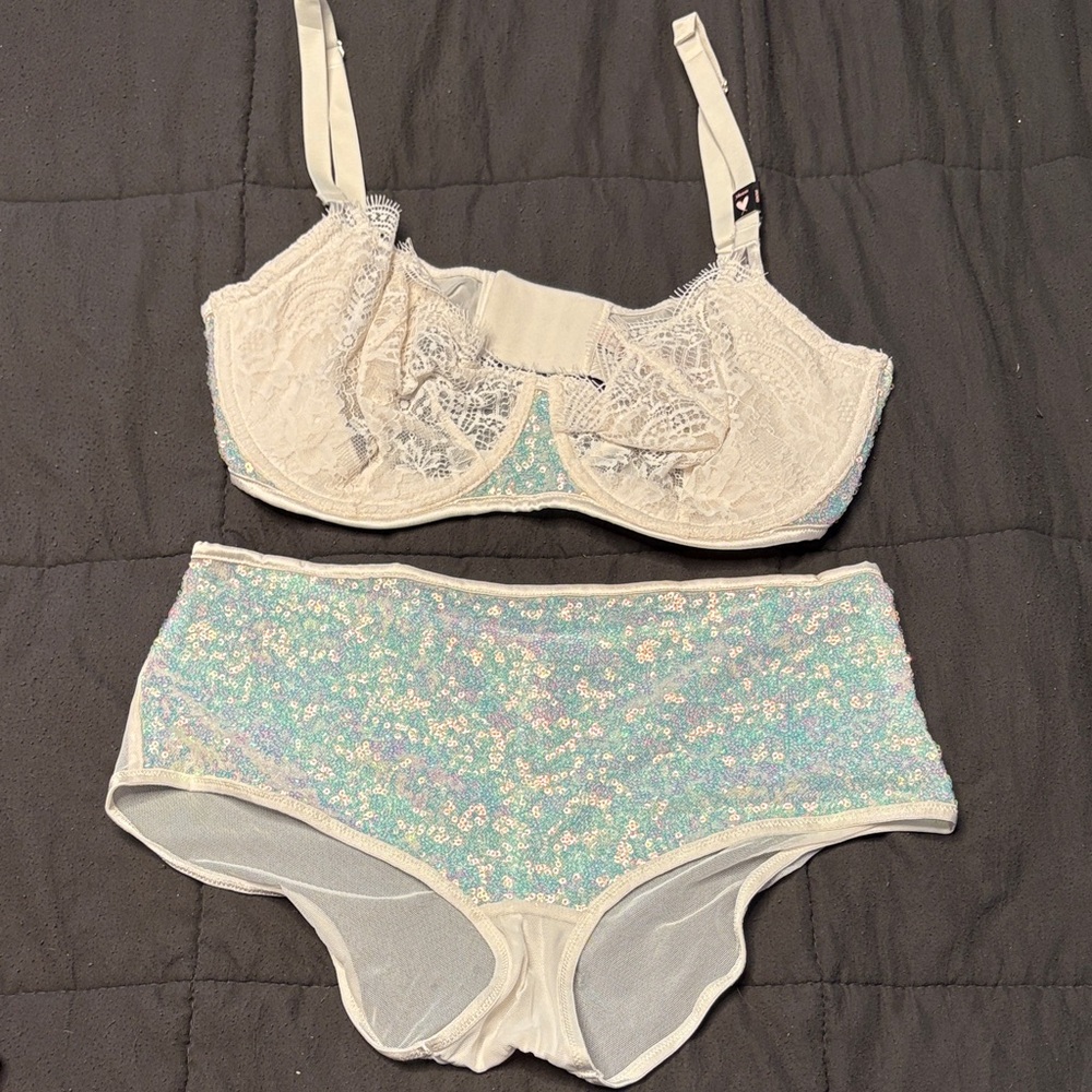 Elegant Cream Lace and Iridescent Sequin Lingerie Set